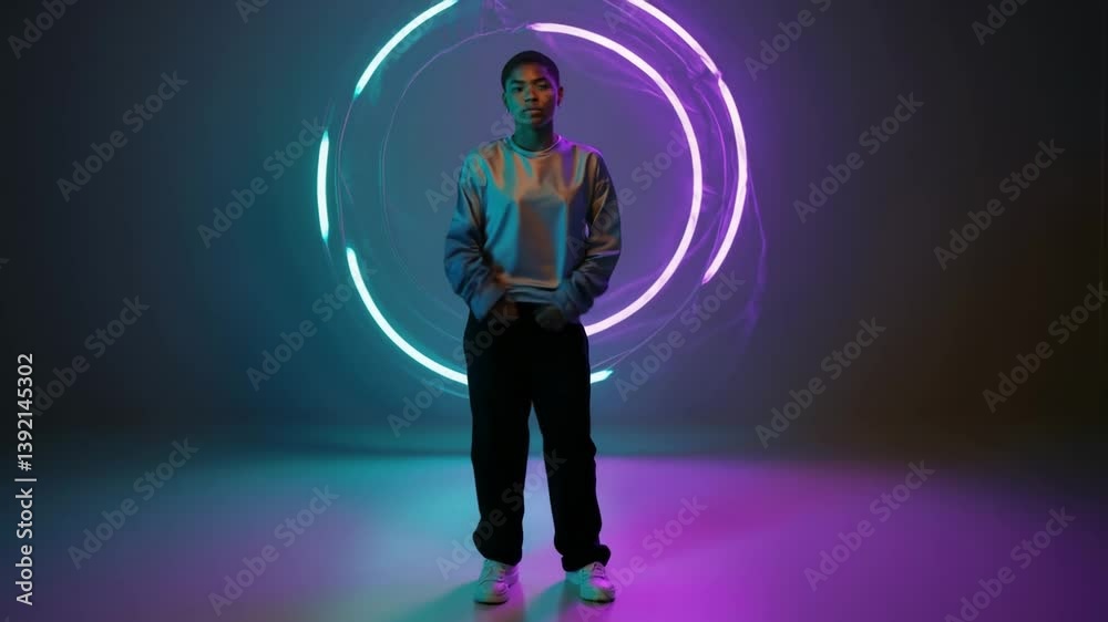 Poster surreal video portrait of a young person slowly turning in place as neon lights flicker and swirl ar
