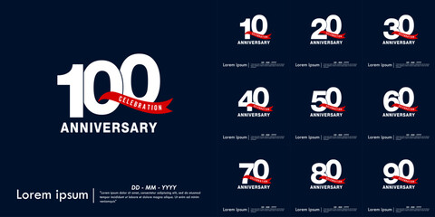 Set of 10-100th years anniversary celebration emblem. elegant anniversary logo isolated with red ribbon on dark blue background. vector illustration template design 