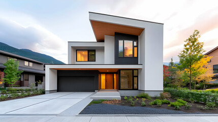Modern Two Story House Exterior at Dusk
