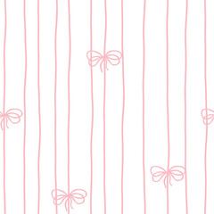Flirty bows and ribbons are tied into vertical. Vector seamless pattern. Preppy cute cartoon hand-drawn illustration. Ideal textile printing, baby clothes, wallpaper, scrapbooking.