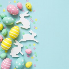 Cheerful top-down flat lay of pastel Easter eggs and white bunnies on a soft blue background with scattered colorful confetti.