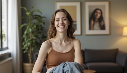 Naklejka premium Beautiful Smiling Woman In Modern Apartment Interior Expressing Happiness And Wellbeing