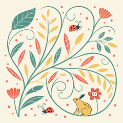 Illustration of a rabbit with plants and ladybugs around