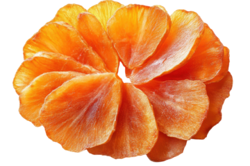 Dried persimmon slices arranged as a flower vibrant orange hue delicate texture studio shot on white isolated on transparent background