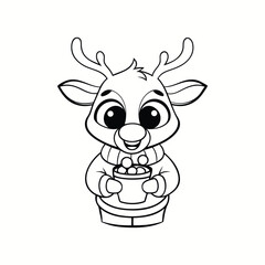 Line art drawing of a deer in a sweater sipping hot cocoa with marshmallows.eps