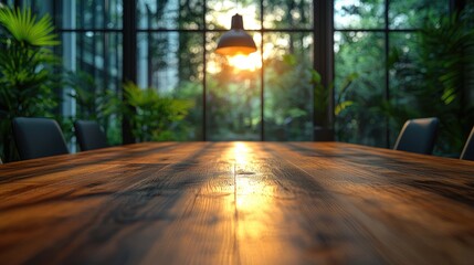 Modern minimalist office meeting table with warm wooden tones, conveying professionalism and simplicity in workspace design.