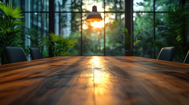 Modern minimalist office meeting table with warm wooden tones, conveying professionalism and simplicity in workspace design.