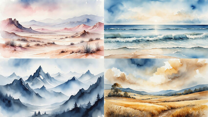 Watercolor backgrounds wet-on-wet with desert, ocean, valley, field