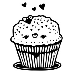 Adorable cupcake character illustration radiating love and cuteness in monochrome
