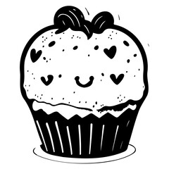 Charming Monochrome Cupcake Sketch with Decorative Bow and Heart Accents Illustration