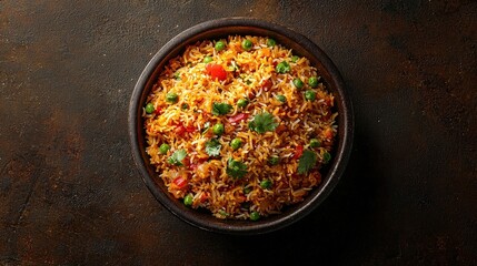 Indian food Biryani Dish top view on a dark brown background