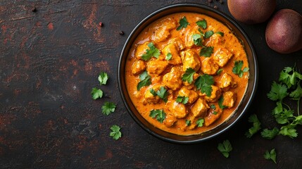 Australian Food My kinda butter chicken Dish top view on a dark brown background