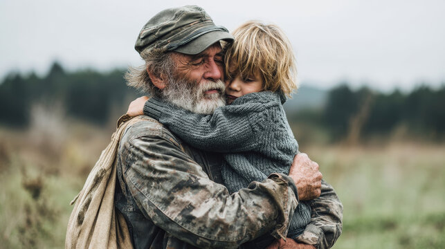 Emotional embrace of grandfather and grandchild in the wild, symbol of unconditional love and timeless bond