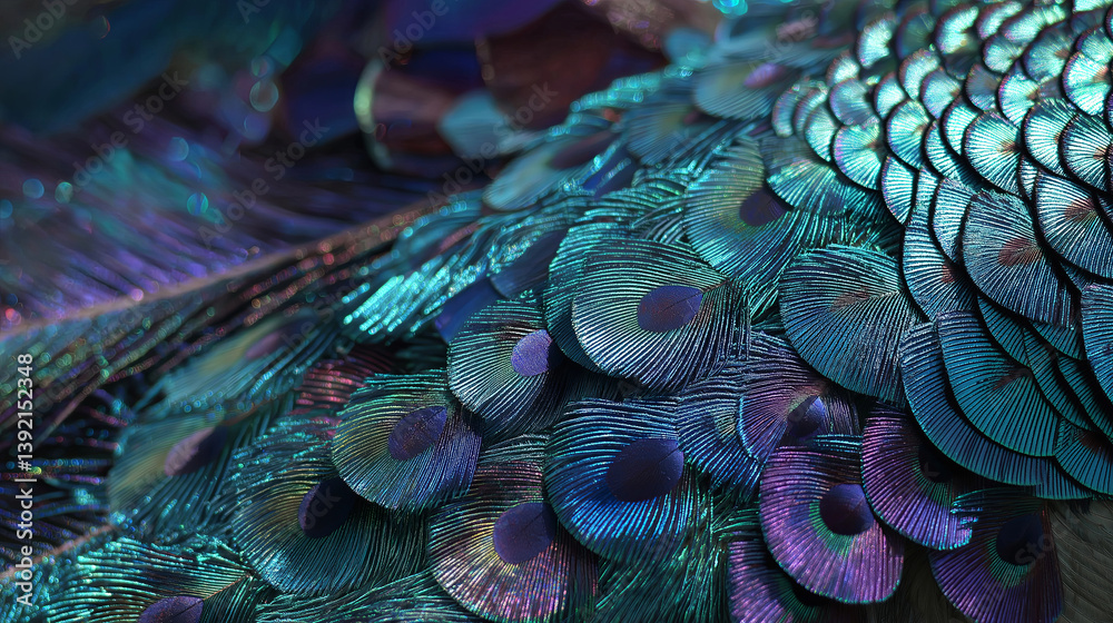 Poster a close-up of a peacock’s iridescent feathers shimmering in sunlight.