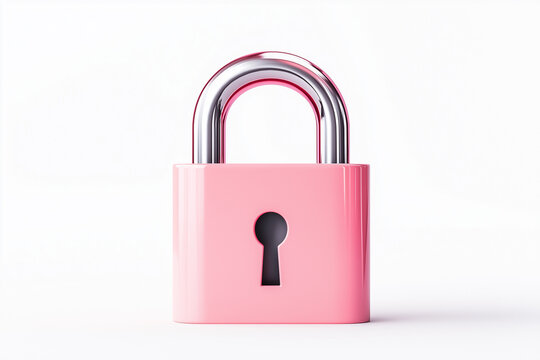 digital lock icon, cyber security symbol, holographic effect, metallic and pink, isolated on white background	
