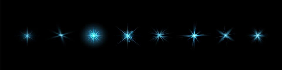 Glow blue transparent starlight effect set. Abstract special effect element design. Sparkle, flare, stars. Vector. Eps 10