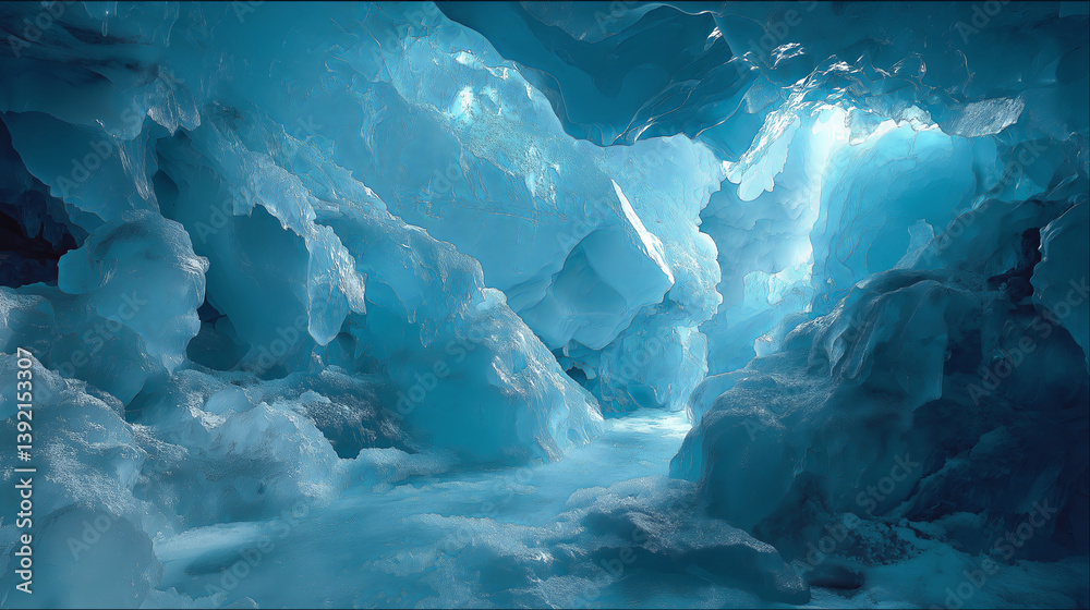 Poster a close-up of a crystal-clear ice cave with soft blue light filtering through