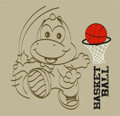 Cartoon Dinosaur Playing Basketball