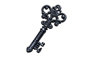 Fototapeta premium Ornate black skeleton key detail shot against white background elegant vintage design mysterious isolated on transparent background