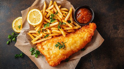 Australian Food Fish and Chips Dish top view on a dark brown background