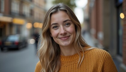 Portrait Of A Smiling Young Woman With Blond Hair In Urban Setting