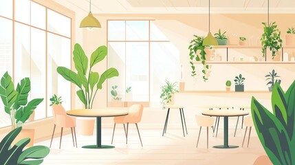 Modern cafe interior with plants and sunlight