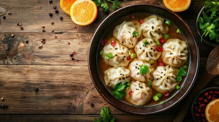 Korean Food Manduguk Dumpling Soup Dish top view on a wood brown background