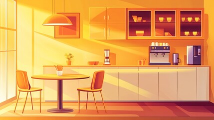 Sunny office kitchen, breakfast, work area