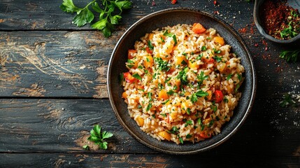 Italian food Risotto alla Milanese Dish top view on a dark wood background
