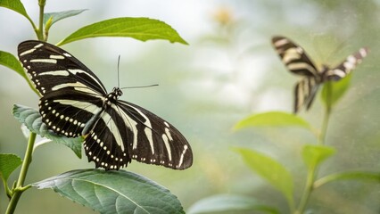 Black and white butterfly, double exposure, rests on a leaf. Plenty of copy space.