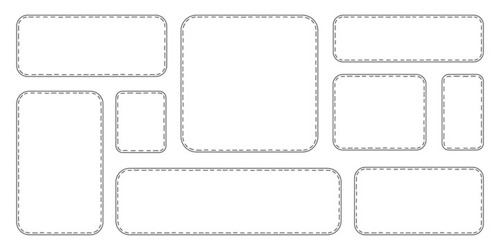 Rectangle labels with stitched dashed lines. Doodle simple outline rectangular frame set. Great for tags, stickers, packaging labels, infographics, cards, text highlight, social media