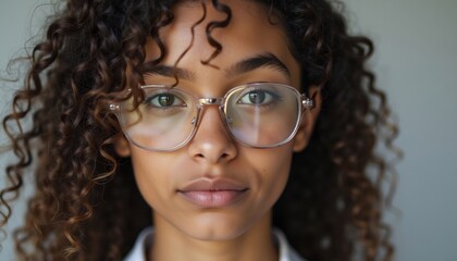 Obraz premium Close Up Portrait Of A Young Woman With Curly Hair And Glasses