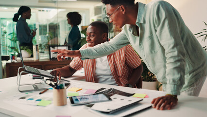 Business people, pointing or laptop with coach for design strategy, ideas or software update at office. Businessmen, employees or collaboration with computer or documents for research and development