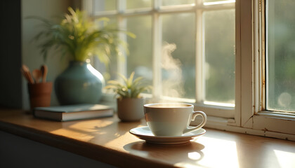 Morning Sunlight, Coffee, and Tranquil Window Views,,Generative AI