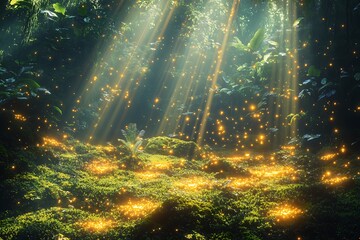 Obraz premium A surreal jungle clearing drowning in golden beams of light, with glowing plants and moss scattering radiant patterns.