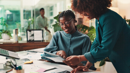 Conversation, business people and women in office, documents and cooperation for sales report....