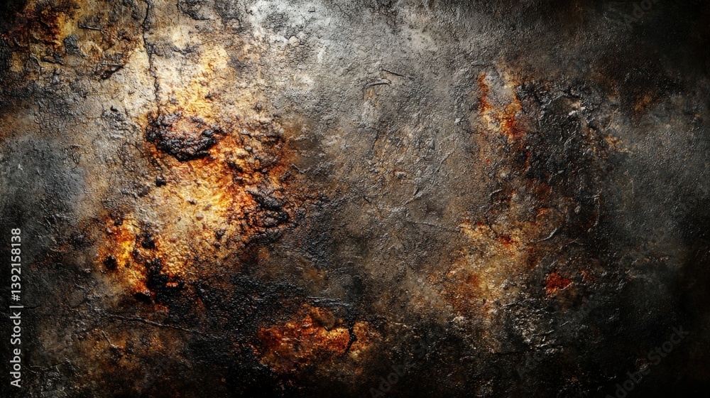 Poster a textured abstract background featuring dark tones, with hints of orange and gold, evoking a sense 