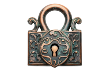 Antique ornate padlock copper patina intricate details white background vintage lock security isolated on transparent background