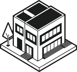 Modern Isometric House Silhouette – Black Minimalist Building Vector with Tree