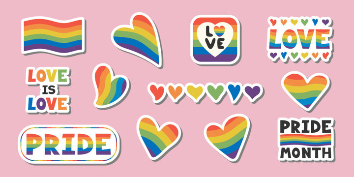 Set of rainbow pride stickers with hearts flag LGBTQ quotes. Flat cartoon style Pride event elements. Perfect for poster, print, planner, digital pride content, social media