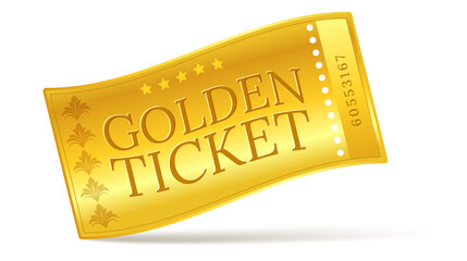 golden ticket for event, show, concert, luxury vip pass on white background