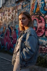 Naklejka premium A woman in a blue jacket stands in front of a graffiti wall