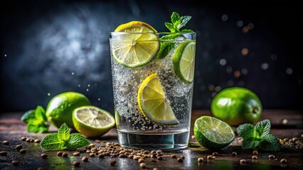 Fototapeta premium Sparkling Lime Chia Water Photography: Refreshing Drink, Green Citrus, Dark Background