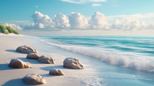 Serene Beach Scene Tranquil Ocean Waves Gently Rolling onto a Sandy Shore with Rocks