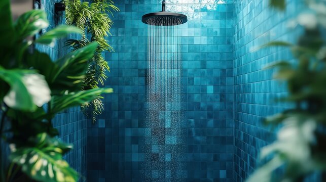 Serene Outdoor Shower with Lush Tropical Plants and Teal Tiles Relaxing Water Flowing