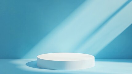 White podium on light blue backdrop, sunlit display, product presentation
