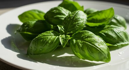 Fototapeta premium Fresh Basil Leaves with Water Droplets on a White Plate