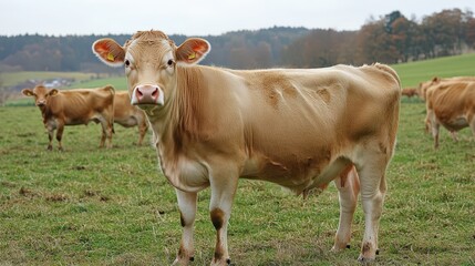 A Light Brown Cow Standing in a Lush Green Pasture with Other Cows in the Background Rural Idyll Dairy Farm