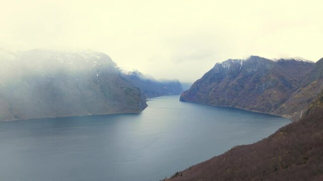 Scenic Aerial Drone view of Aurland And Sognefjorden Norway in the rain
