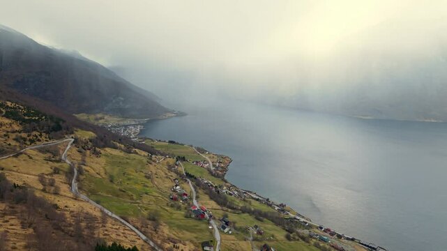 Scenic Aerial Drone view of Aurland And Sognefjorden Norway in the rain